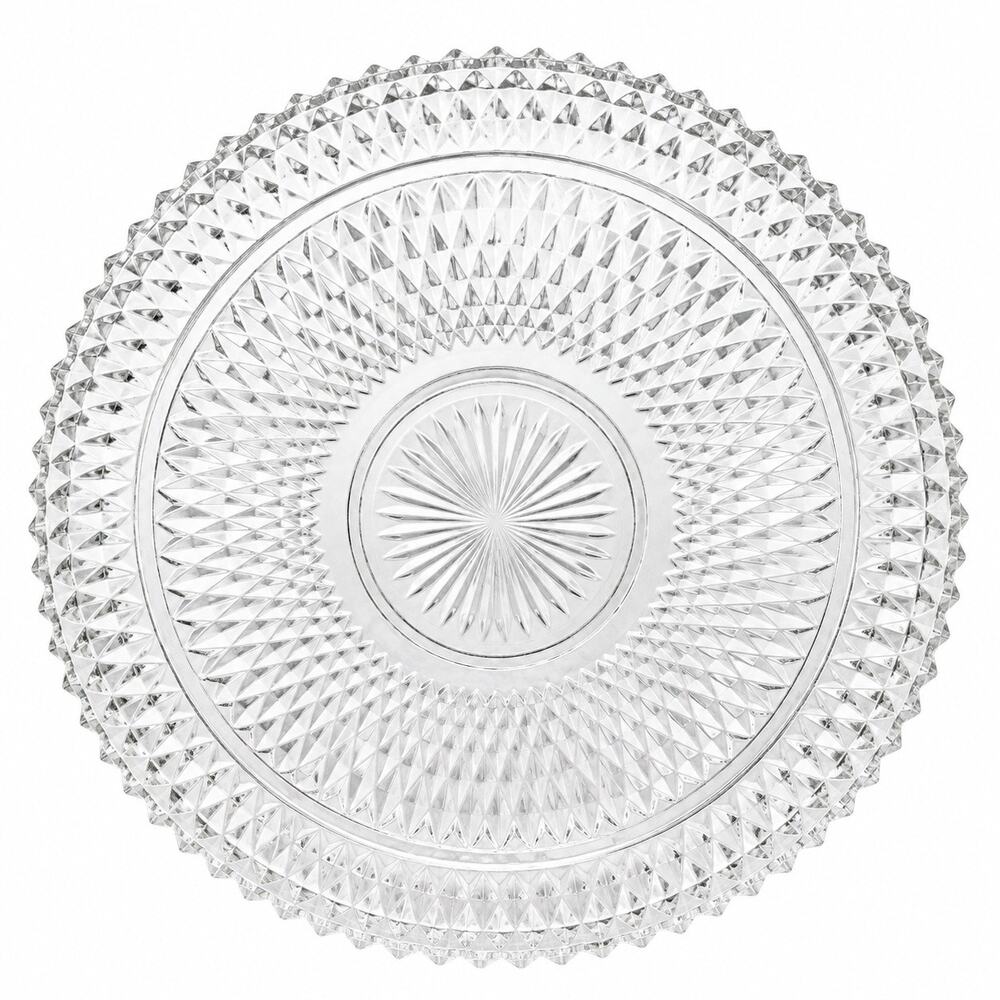 Vintage Clear Pressed Glass Serving Platter 12 Inch Diamond Starburst Cake Plate